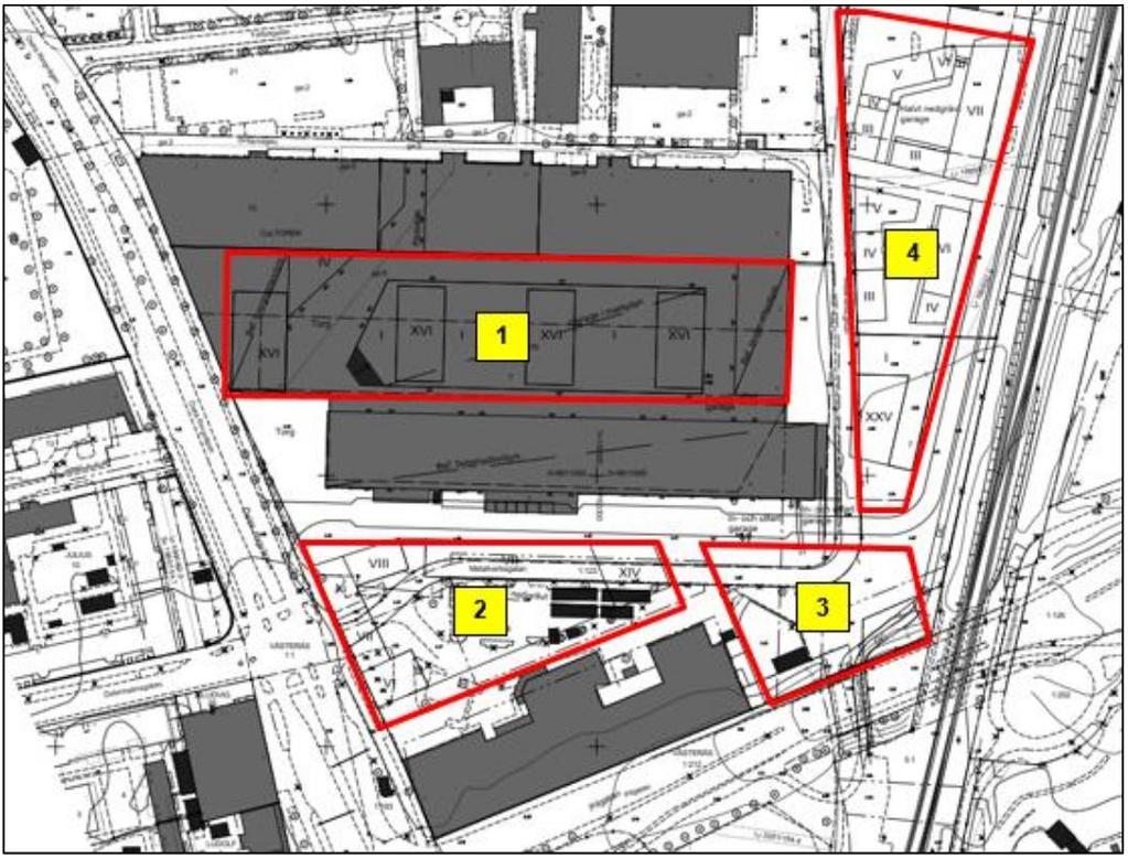 4 Figur 4. Undersökta delområden 1 4 i geoteknisk undersökning (Tyréns, 2018b). Delområde 1 Jorden inom delområde 1 består generellt av 1 2 m fyllning på lera ovan friktionsjord på berg.