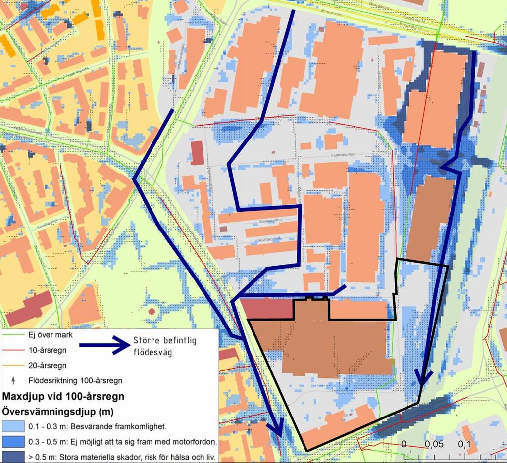 31 Figur 30. Skyfallsanalys för ett 100-årsregn. Underlag erhållet från Mälarenergi och korrigerat av Structor Uppsala AB 2019-05-21.