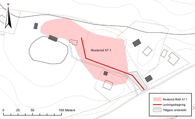 Bronsåldersfynd i Resteröd 9 Figur 5. Översikt av Resteröd 57 :1 med ledningsdragningen och det tidigare undersökta området markerat. Skala 1 :2 000 ( se även figur 12 ).