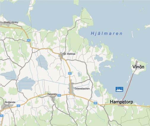 Hemfjärden till Örebro Vägnummer 665, Hampetorp-Vinön Längd: 5 000 meter. Överfartstid: cirka 25 minuter. Leden trafikeras av frigående färja.