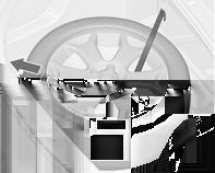 206 Bilvård För remmen genom hjulets ekrar på det sätt som visas i bilden. Fäst kroken i den bakre fästöglan. Dra åt remmen och lås den med sitt spänne.