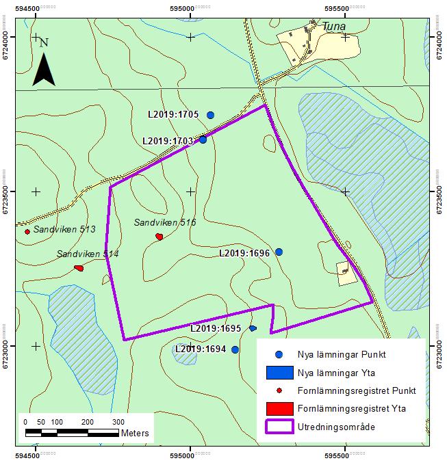 RESULTAT Figur 3. Översiktskarta med utredningsområdet och de nya lämningarna samt närliggande och berörda lämningar från fornlämningsregistret utmarkerade.
