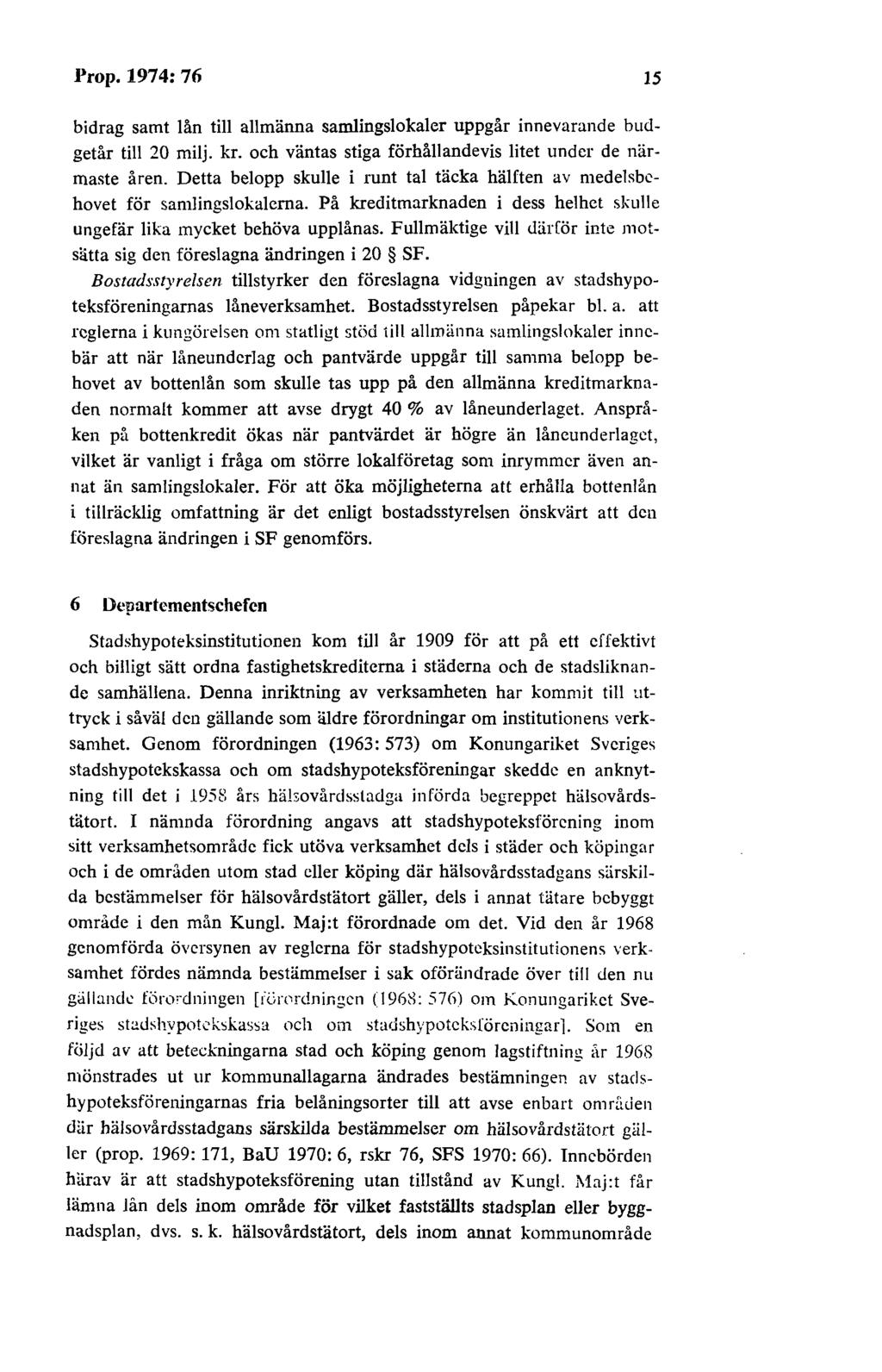 J)rop. 1974: 76 15 bidrag samt lån till allmänna samlingslokaler uppgår innevarande budgetår till 20 milj. kr. och väntas stiga förhållandevis litet under de närmaste åren.