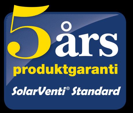 SolarVenti lämnar 5 års produktgaranti på: SolarVenti luftsolfångara dvs. ram, bakstycke, absorbtionsfilt, hölje, solcell, fläkt, kontakt, vägg och taksats.