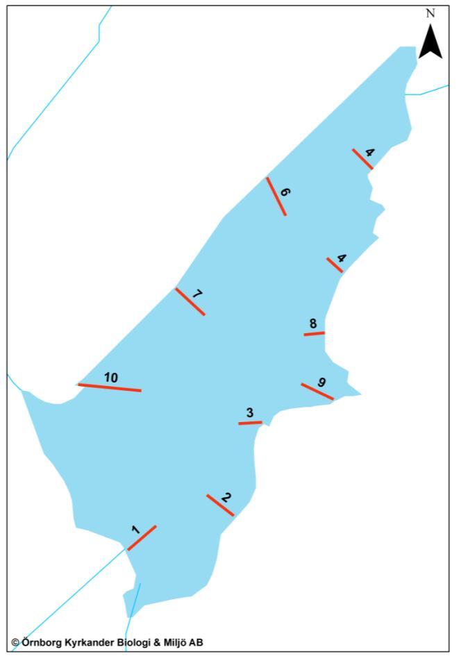 I området inventerades tio transekter som presenteras i figur 8. Start- och stoppkoordinat ses i tabell 5. Figur 8. Inventerade transekter i Östen. Tabell 5.