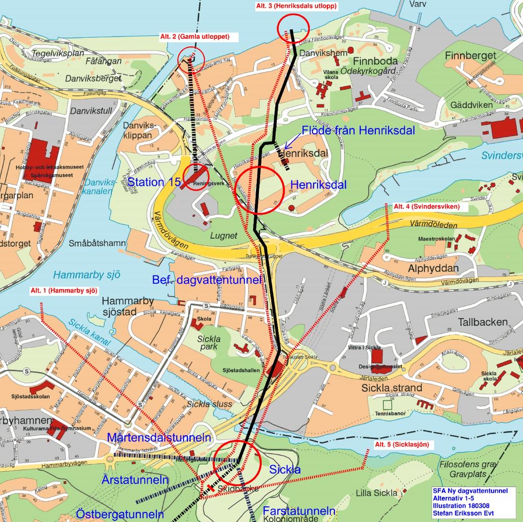 6.2 8 (16) Studerade tunnelsträckningar en omfattade inledningsvis 5 st. alternativa tunnelsträckningar: Alternativ 1, Sickla-Hammarby sjö. Alternativ 2, Sickla-Danvikskanal.