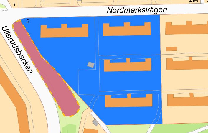 Karta med föreslagen markanvisning till MA Living i rosa och Familjebostäders befintliga tomträtt Marö 1 markerat i blått.