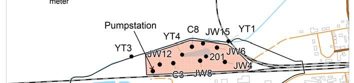 Figur 1. Mätpunkter för nivåmätningar. För korrigeringar av de registrerande givarna med avseende på lufttrycksvariationer används mätdata från den befintliga meteorologiska stationen.