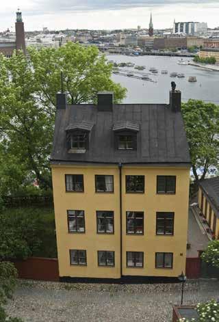 FASADEN MOT LILLA SKINNARVIKSGRÄND. NERE T.H. SKYMTAR DEN F.D. VEDBODSLÄNGAN. FOTO J. MALMBERG. KALKSTENSTRAPPAN MED VIT DEKORMÅLNING. FOTO J. MALMBERG. i mitten av 1860-talet för sjötullsvaktmästaren A.