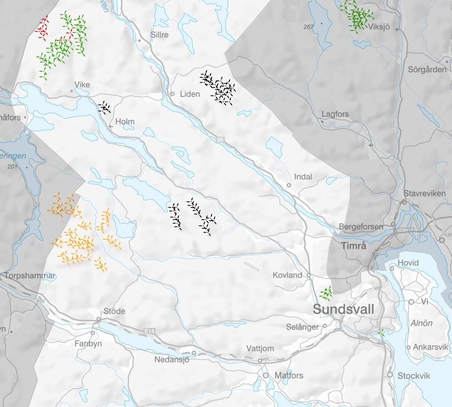 Karta över befintlig och planerad vindkraft i Sundsvalls kommun. Källa Vindbrukskollen.