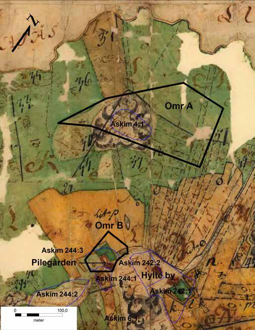 Göteborgs stadsmuseum Figur 7. Utdrag från storskifteskartan från 1766 över bland andra Hylte by och Pilegården.