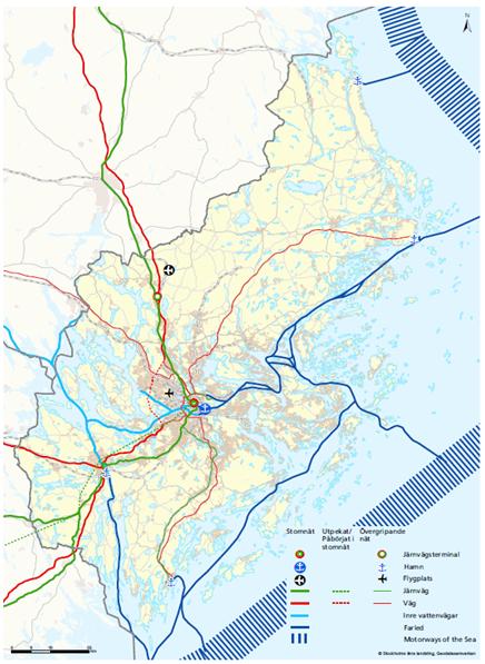 9 (42) GODSSTRATEGI FÖR STOCKHOLMSREGIONEN TEN-T i Stockholmsregionen Följande stråk och noder för transporter i Stockholms län ingår det transeuropeiska transportnätet TEN-T: Väg E4 Stomnätet E20