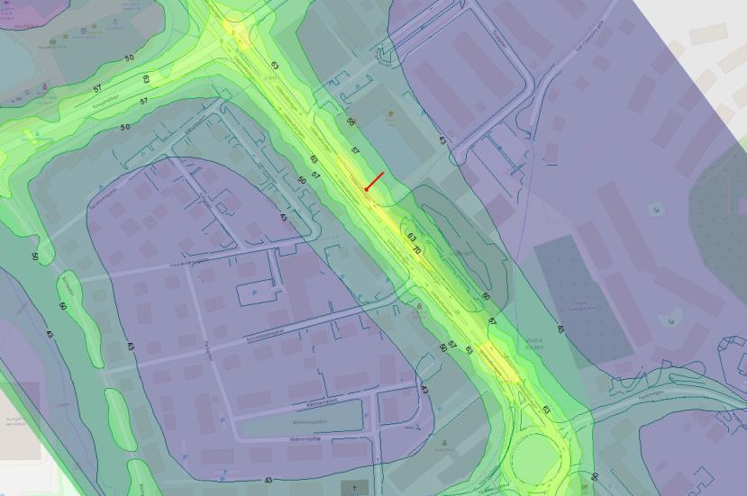 Resultaten från identifierad position (röd pil) i delområde Norr redovisas i Tabell 5. Tabell 5. Erhållna resultat för delområde norr uppställt mot gällande miljökvalitetsnormer för luft.