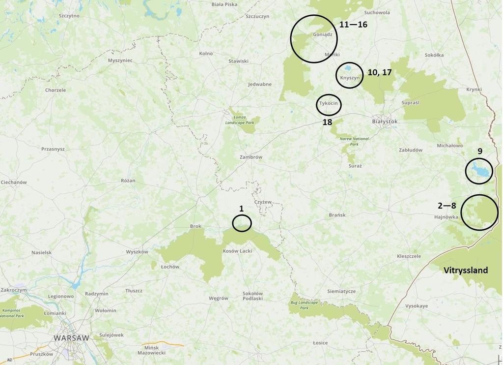1. Flodstoppet 2. Palatsparken 3. Bialowieza 4. Nationalparken Bialowieza 5. Östra bron 6. Budy 7. Kungaekarna 8. Djurparken 9.