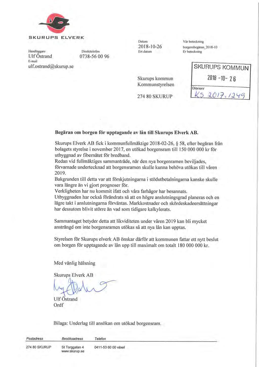 SKURUPS ELVERK Handläggare Ulf Östrand E-mail ulf.ostrand@skurup.