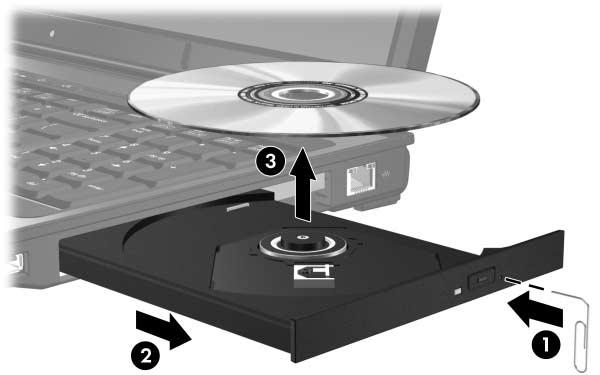 Ta ut en optisk skiva (utan ström) Om extern ström eller batteriström inte är tillgänglig: 1. Sätt i ena änden av ett gem 1 i frigöringsfördjupningen på enhetens frontpanel. 2.