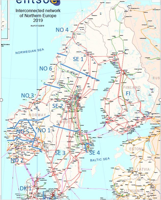 Förslag till alternativelområdesindelning i Sverige att analysera inom det nordiska arbetet NB. Även andra alternativ kan komma att utredas.