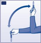 B C För injektionspennan upp och ner tio gånger mellan de två lägena som visas, så att glaskulan flyttas från den ena änden av cylinderampullen till den andra.