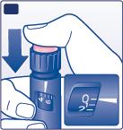 Injicera dosen genom att trycka in tryckknappen helt tills 0 visas i dosfönstret. Var noga med att bara trycka på tryckknappen när du ska injicera. Genom att vrida dosväljaren injiceras inget insulin.