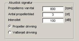 Figur 9. Val för akustisk signatur Bangenerering Här anges den maximala farten för fartyget i meter per sekund. Svängradie anger hur snävt fartyget kan svänga.