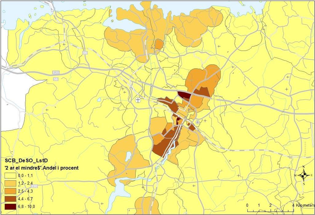 I Eskilstuna är det till viss del samma områden som har en hög andel utrikes födda, men de som flyttade in under 2017 och 2018 har bosatt sig i färre områden än den totala gruppen av utrikes födda.