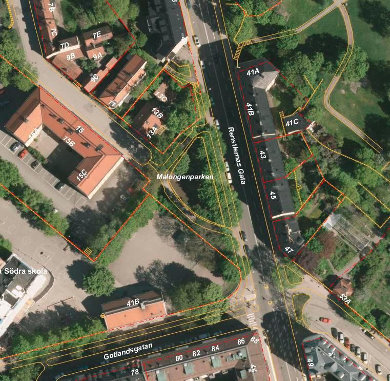 Sida 3 (16) Plandata Planområdet omfattar cirka 1 370 kvadratmeter och utgörs av Malongenparken. Marken ägs av Stockholms stad. I ortofotot nedan syns Malongenparken med omgivningar.