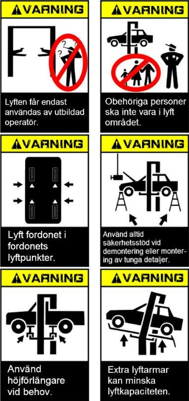 ANVÄNDNINGSSYFTE Denna lyft används för att lyfta fordon vars vikt