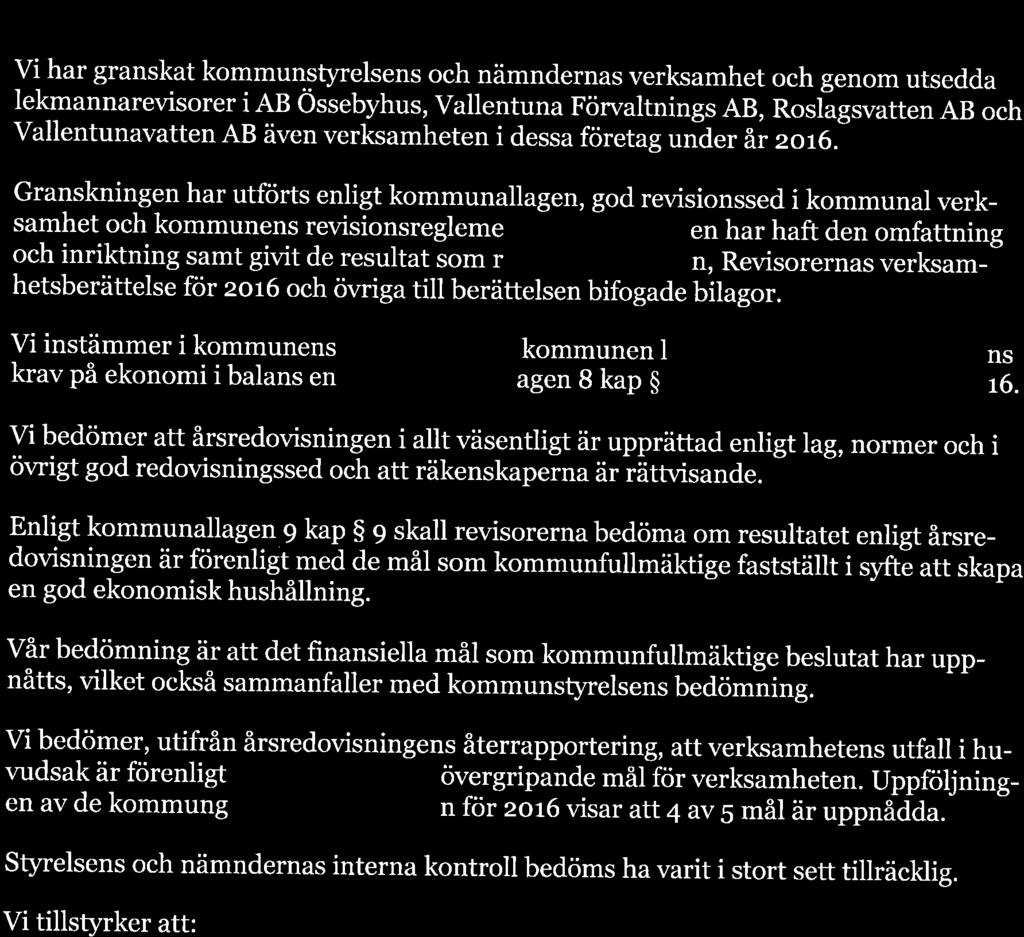VALLENTUNA KOMMUN REVISIONEN REVISIONSBERATTELSC ZO ro KOM MU NFU LLMÄKTIGE I VALLENTUNA KOMMUN Revisionsberättelse 20 1 6 Vi har granskat kommunstyrelsens och nämndernas verksamhet och genom utsedda