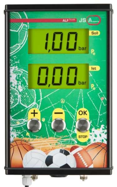 Beskrivning 5 Beskrivning LCD-Display 3½ cm ställiga siffror för önskat tryck (övre) och verkligt tryck (nedre) ) Kabelförskruvning För spänningskabel Tryckluftsanslutning För fyllslang till boll