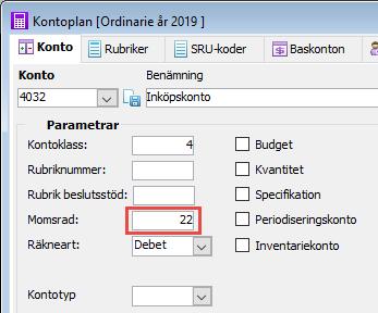 Kontoplan importmoms tjänster I rutinen Kontoplan ska du koppla rätt momsrad