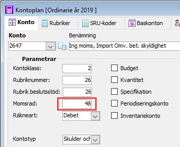 Kontouppsättning importmoms tjänster Exempel på kontonummer Momsrad