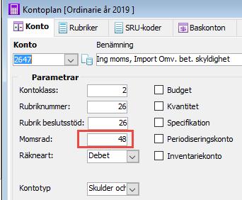 Kontoplan importmoms varor I rutinen Kontoplan ska du