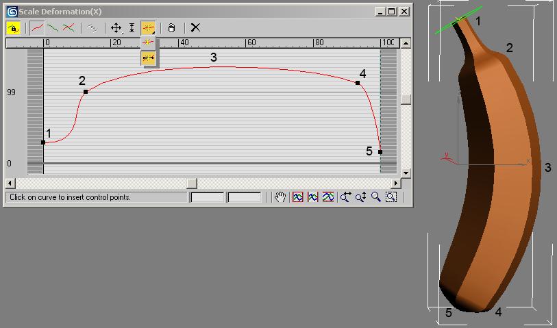 Figur 3.2. Två shapes som så småningom kommer att bilda en banan Nu ska vi förflytta hexagonen (Loft Object) längst linjen (Loft Path) och skapa en volym genom att: 3.