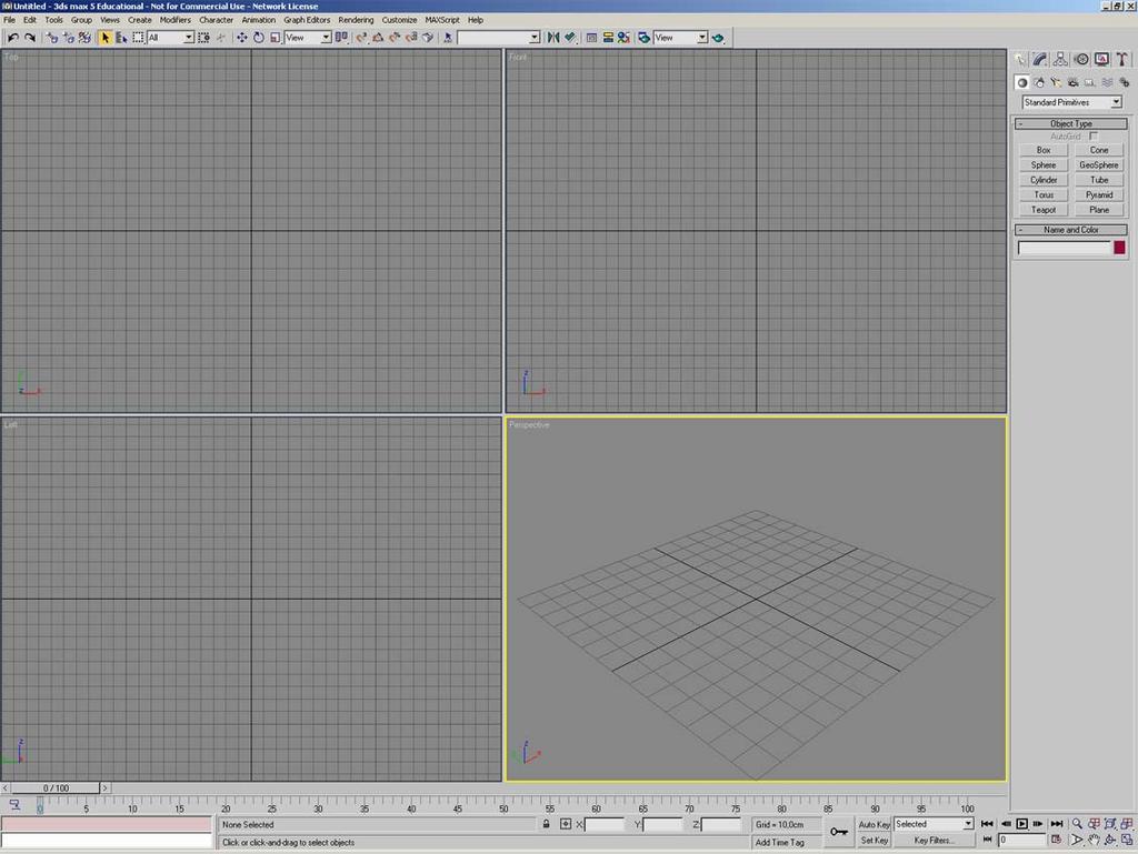2. Att starta programmet, fönstrets utseende Starta programmet genom att välja program/autodesk/autodesk 3ds max X/3ds max X i Startmenyn. Ett fönster enligt figur 2.1 visas nu på skärmen.