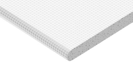 Sortiment Skivor AQUAPANEL Indoor Cementbaserad våtrumsskiva för våtrum och fuktutsatta invändiga miljöer. Runda glasfiberklädda långkanter och rakskurna kortkanter. Även formatsågad.
