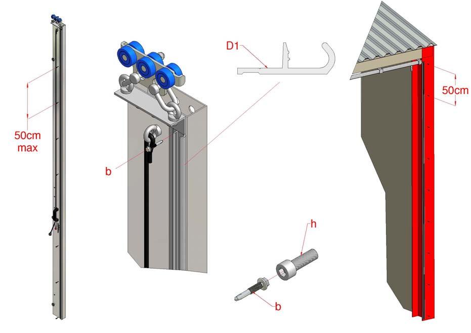 3. Fixer le joint pare-vent femelle (D1) sur toute la longueur du poteau coulissant au moyen des vis autoporteuses M5.5x32 (b) à des écarts de 50 cm et au maximum à 5 cm de chaque extrémité.