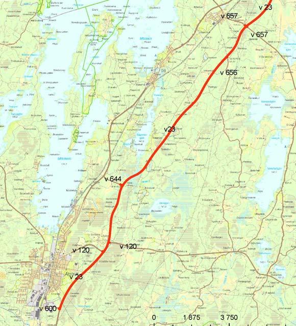En ökning av trafikmängden sker vid norra infarten till Älmhult där resande på väg 120 trafikerar väg 23 en kortare sträcka. 2.5 Omledningsvägar Inom området finns gamla väg 23, nuvarande väg 600, möjlig som omledningsväg.