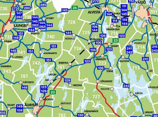 Figur 16: Länstrafikens busslinjer 2.8 Transport med farligt gods Väg 23 ingår i det primära transportvägnätet för farligt gods. 2.9 Gång- och cykeltrafik En gång- och cykelpassage finns över väg 23 norr om där väg 120 ansluter österifrån mot Tingsryd.