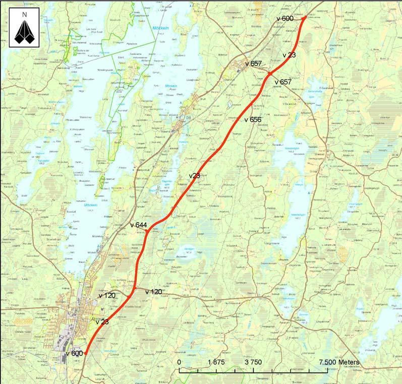 Figur 1: Förstudiens geografiska avgränsning omfattar rödmarkerad del av väg 23 samt viss anpassning av anslutande och närbelägna lokalvägar. 1.3 Tidigare utredningar Tidigare utredningar som har berört sträckan är: Väg 23 Liatorp - Gottåsa, Väganalys och förstärkningsplan, Roadscanners, 2007.