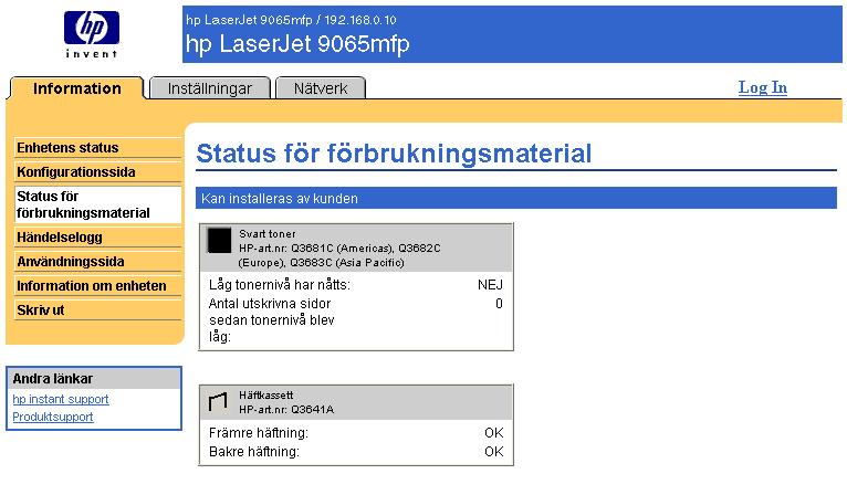Status för förbrukningsmaterial Sidan Status för förbrukningsmaterial visar mer detaljerad information om förbrukningsmaterial samt artikelnummer för äkta HP-förbrukningsartiklar.
