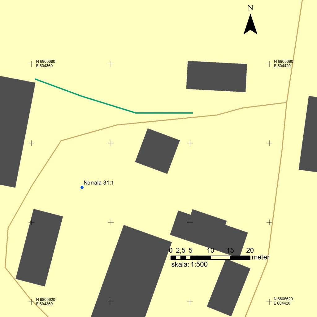 Figur 7. Undersökningsområdet Norrala RAÄ 31:1. Ledningsschaktet markerat med grönt.