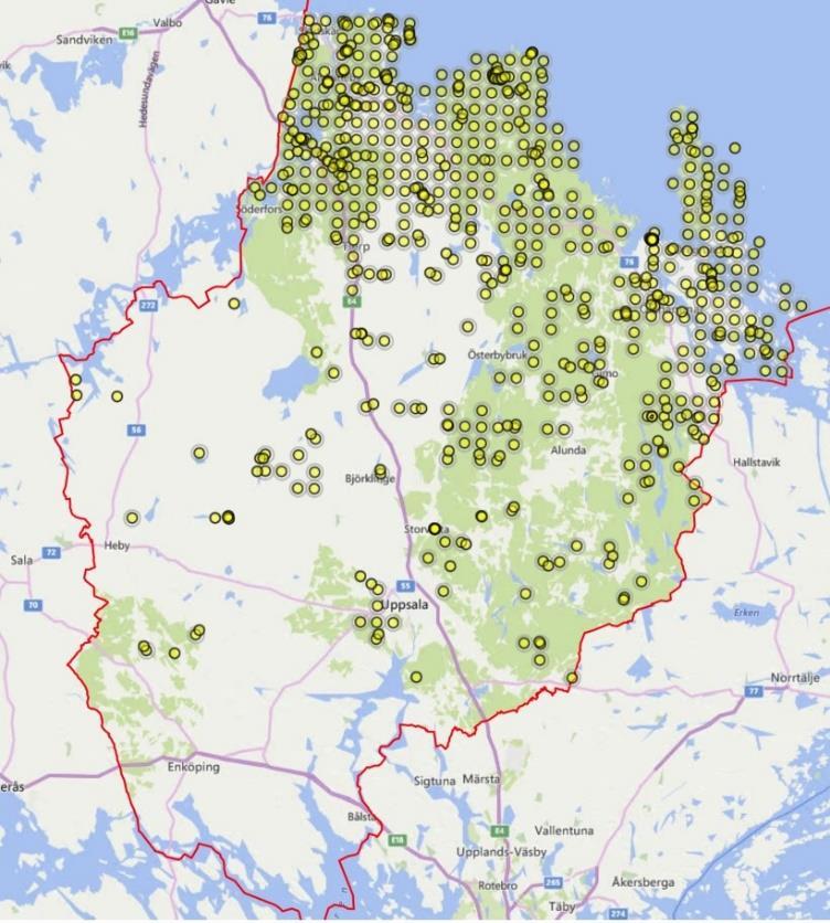 Skogsnycklar Figur 15. Fynd av skogsnycklar i Uppsala län enligt Artportalen.