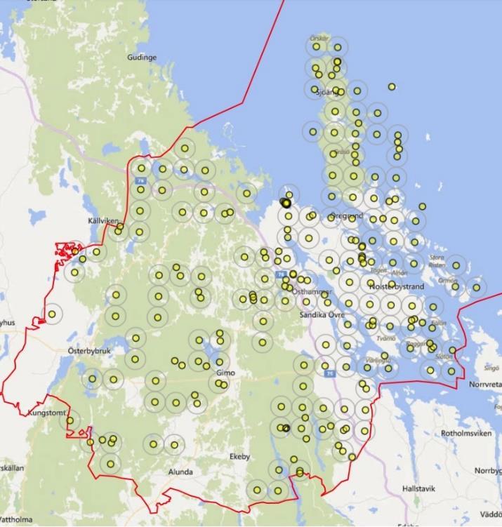 till ± 1250 meter. Figur 16. Fynd av skogsnycklar i Östhammars kommun enligt Artportalen.