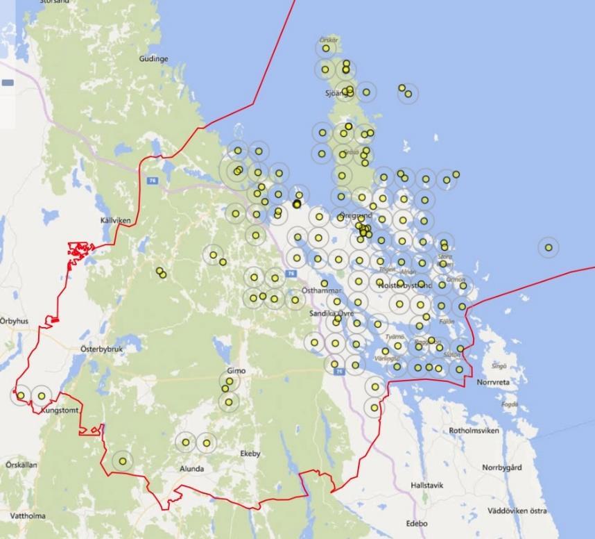 Figur 4. Fynd av grönvit nattviol i Östhammars kommun enligt Artportalen.