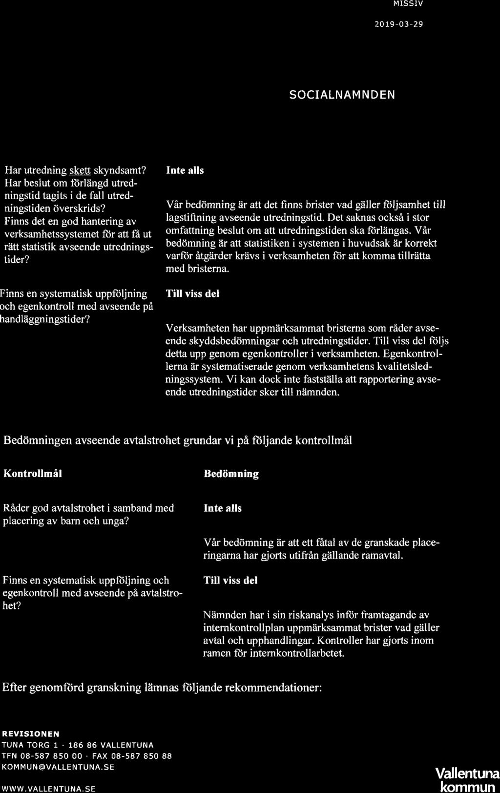 VALLENTUNA KOMMUN REVISIONEN MISSIV 20 19-03 -29 SOCIALNAMNDEN Har utredning skett sþndsamt? Har beslut om fìirlängd utredningstid tagits i de fall utredningstiden överskrids?
