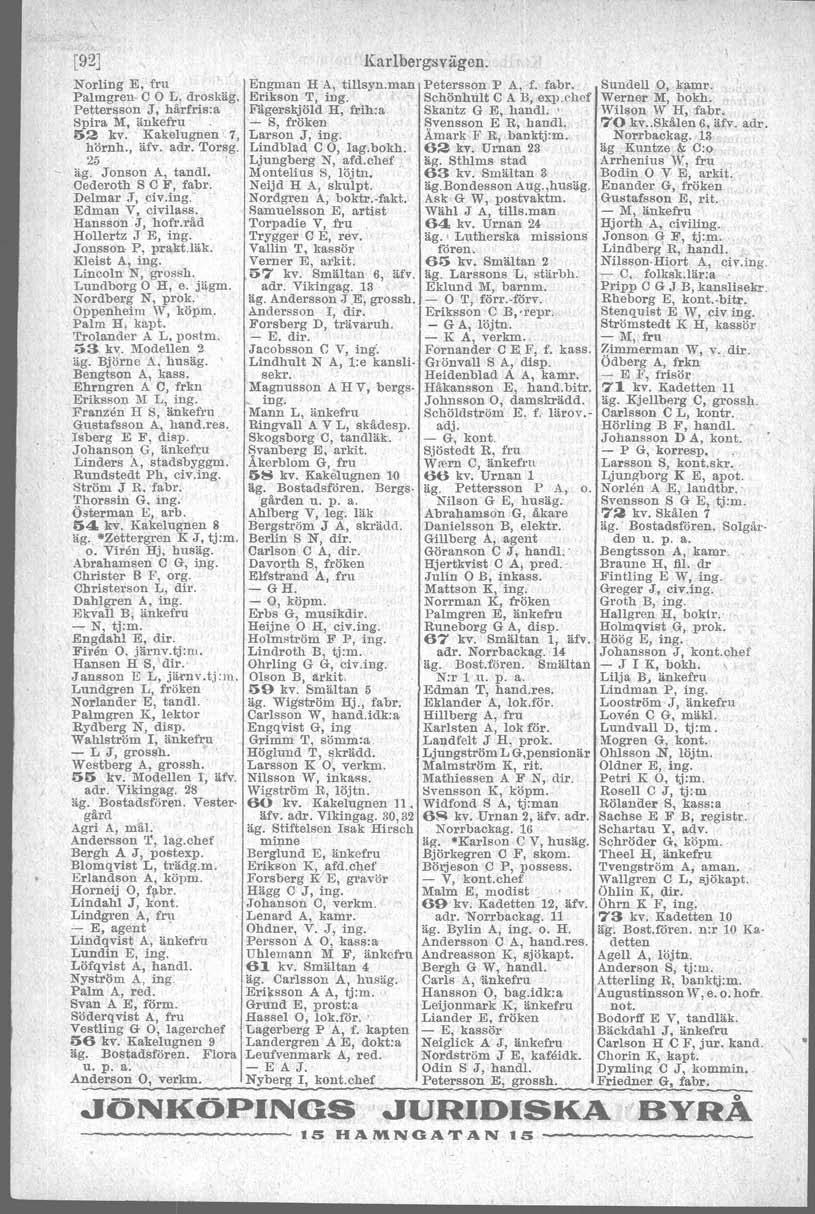 [92] "Kanlbergsvägen., Norhng' E, fru Engman HA, tillsyn.man Petersson P A,"f. fabr. Sundell. O"kamr. Palmgren' C O L,droskäg, Erikson T, ing., Schönhult C A Il, exp.chef Werner M, bokh.