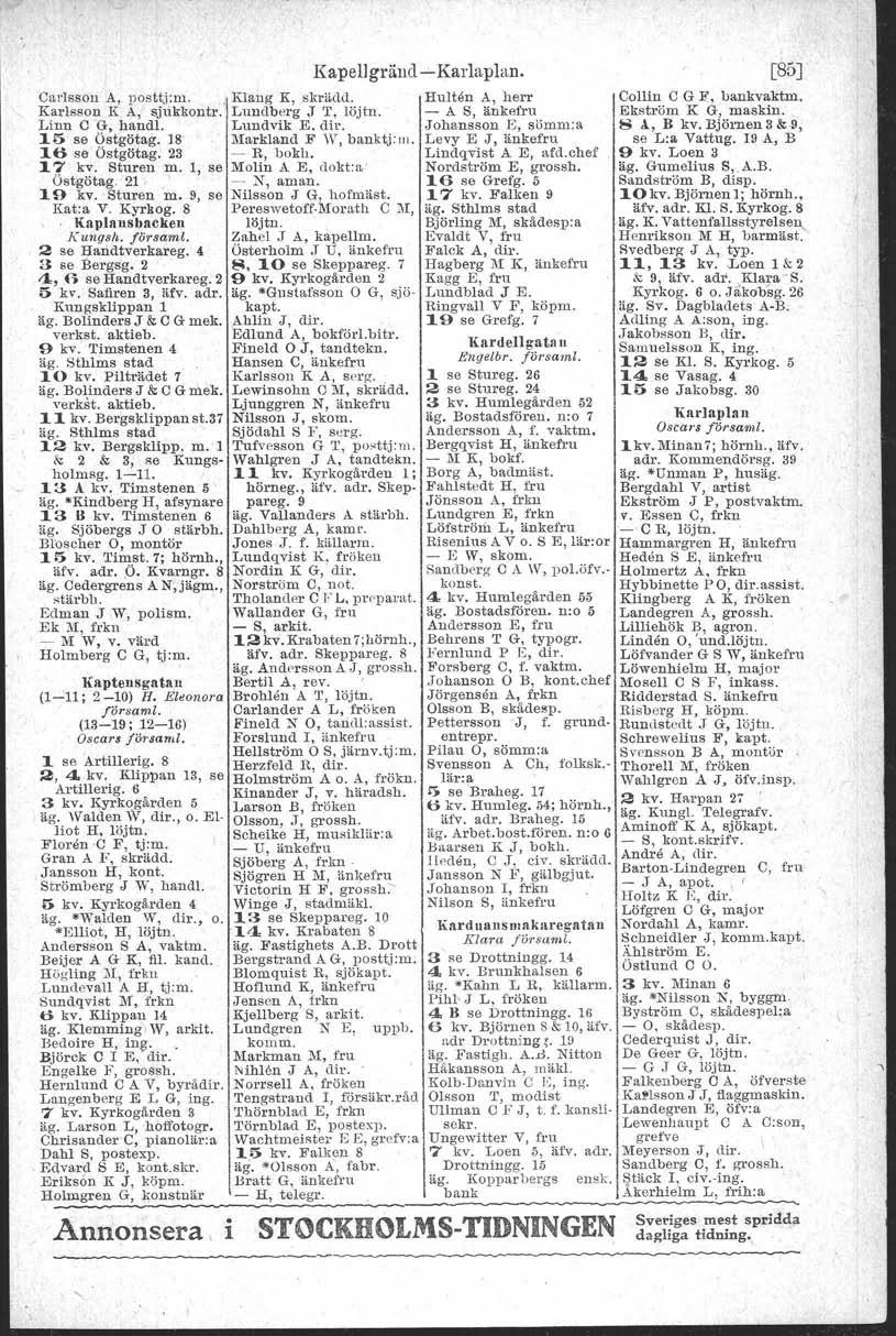 Kapellgränd --'-Karlaplan. -Ca.rlssoll A" uos ttj.m. _. ".'IKlahg K, skrädd. Hulten A, herr Collin C GF,,bankvaktm. K~r18S0~,K, A,' sjukkontr. [Lundberg.1 T, löjtn.