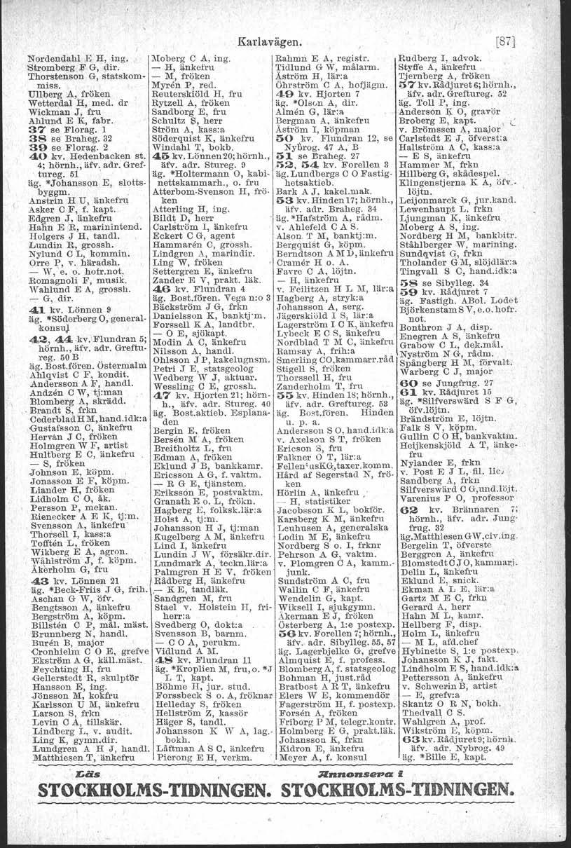 \. Läs STOCKHOLMS-TIDNINGEN. Kartavägen. Nordendah] J~:,J:!:, tng. Moberg-C A, ing. IBahmn E.A, registr. Rudberg I,.advok. ''Strpmbe~g,l'~ G,,~1ir. - H, änkefru 'I'tdlund G W, målarm.