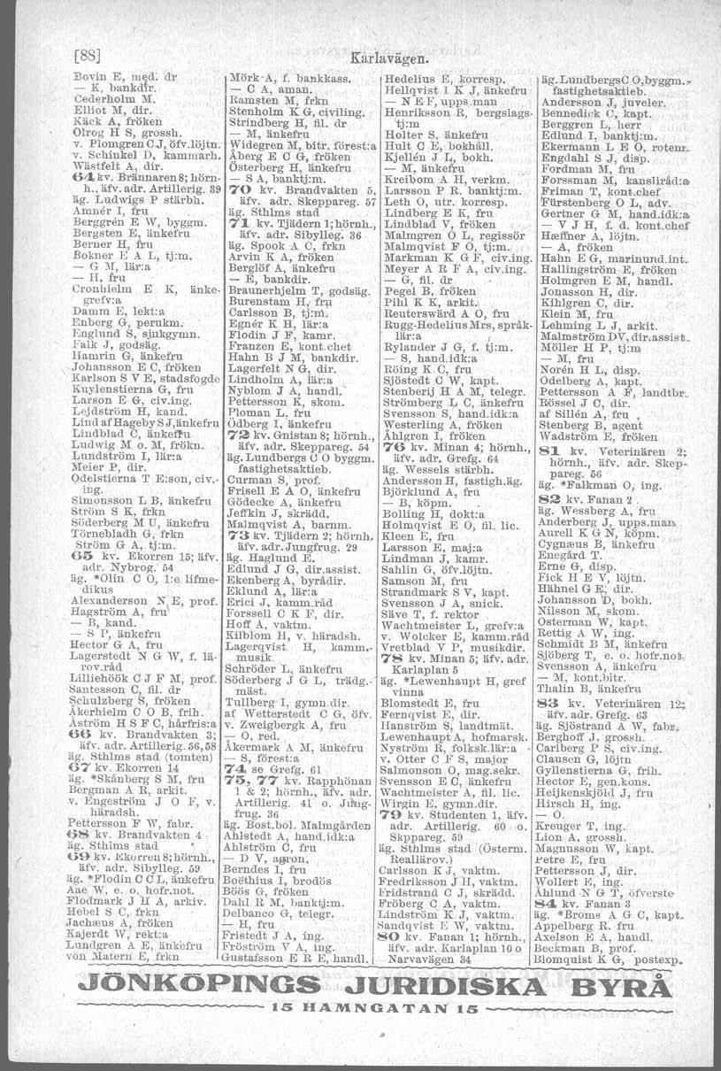 [8S] Bmi!ll E, med. dr c- K, bankdir. Cederholm M. ElIiot M, dir. Räck A, fröken Olrog H S, grossh. Y" Plonlgre'nC,JJ_?fv.löj~n. v. Schinkel D. kammarh. Wästfe1t A, dir. 64.kv; Brännaren8; hörnh.