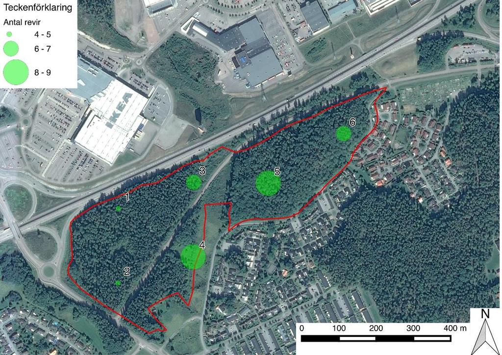 Bäckbyskogen, Datum 2017-01-31 Antalet revir per punkt visar likt artantalet ett ökat antal per punkt längre från intilliggande vägar.